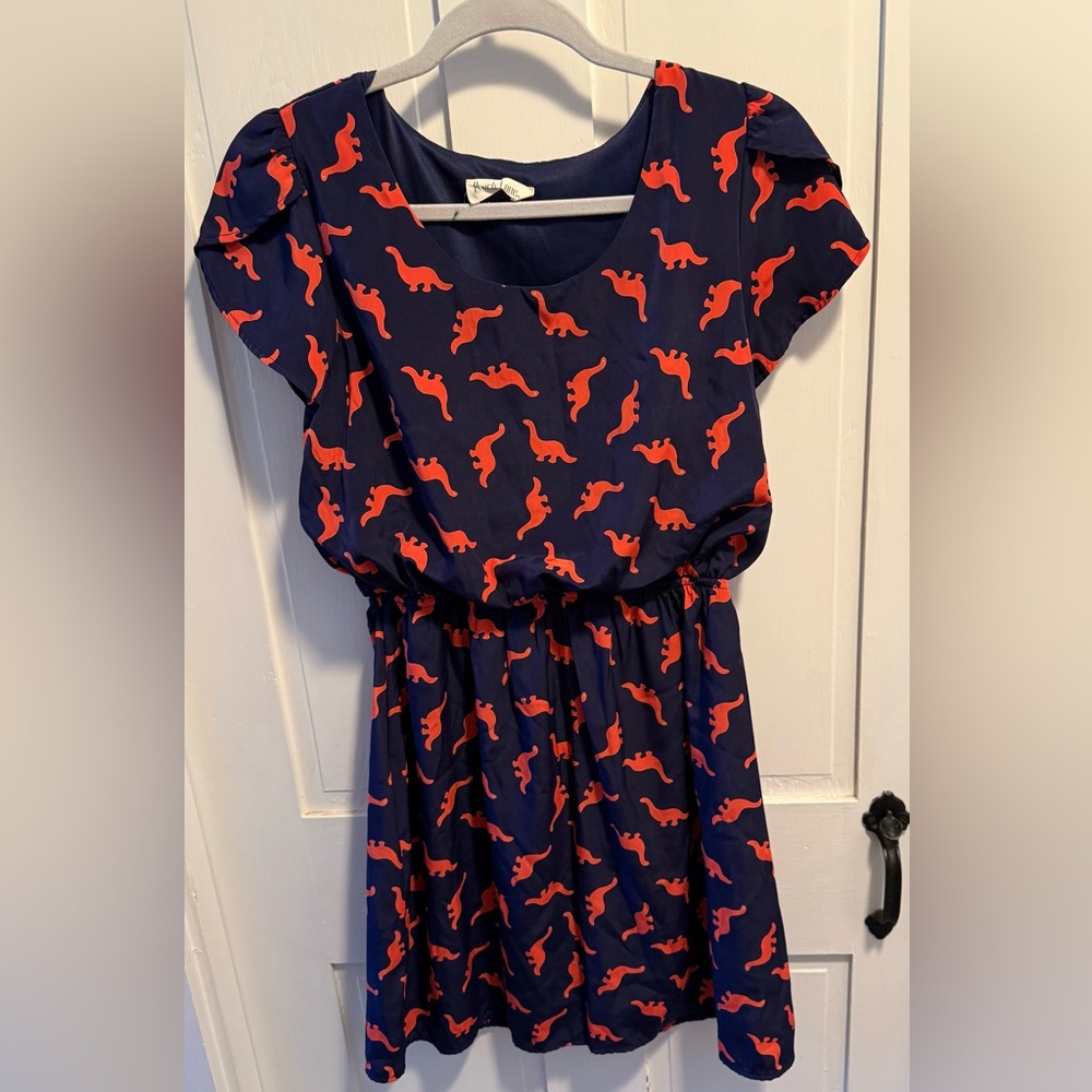 Modcloth by Peach Love Blue and Orange Dinosaur Print Dress - M - Picture 2 of 6